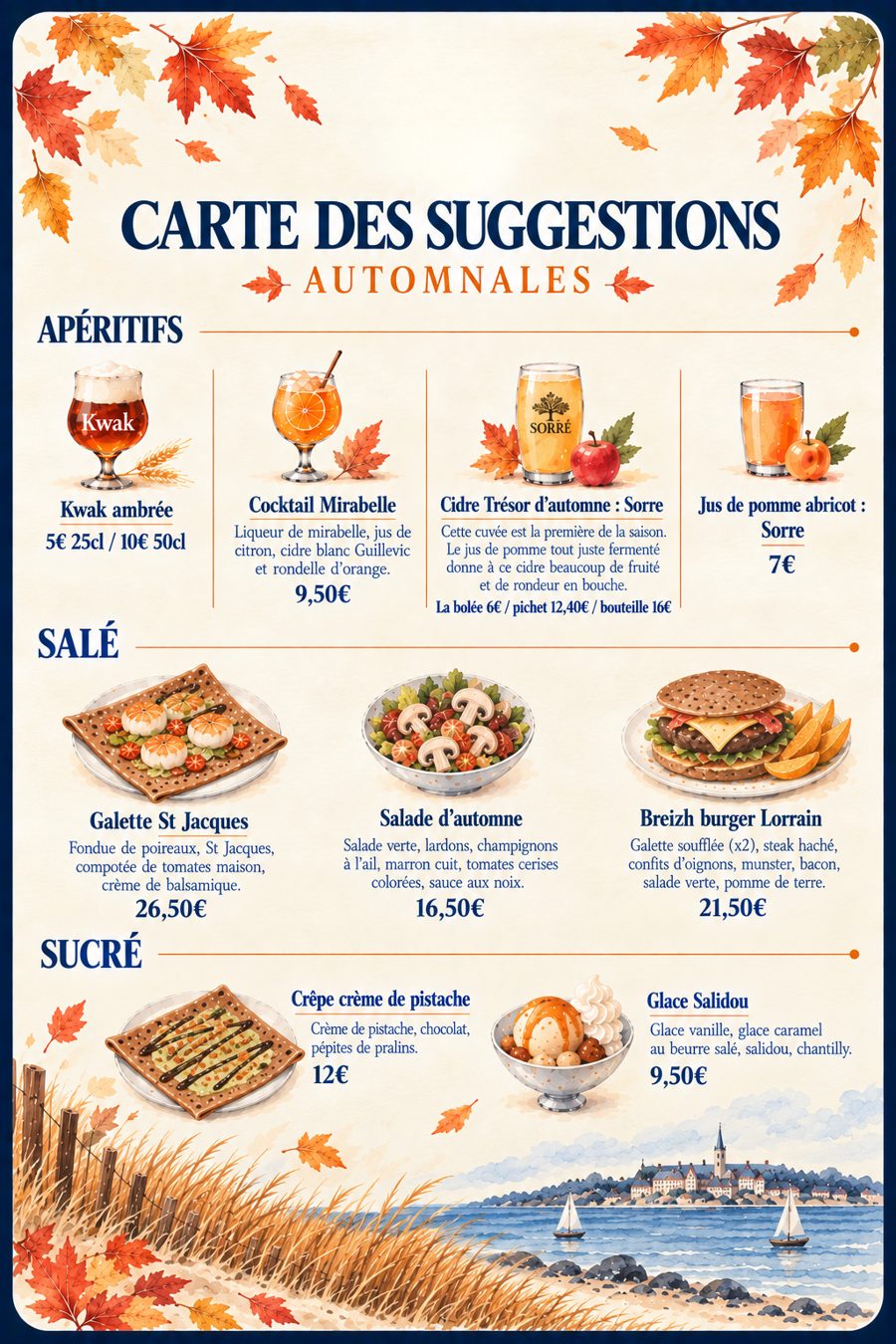 Affiche de la carte des suggestions automnales de La Bolée, illustrée de feuilles d'automne et des plats de la saison